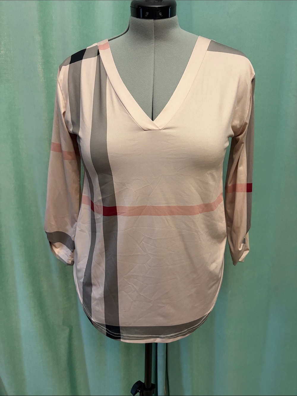 Striped V-Neck Blouse in Light Pink and Gray